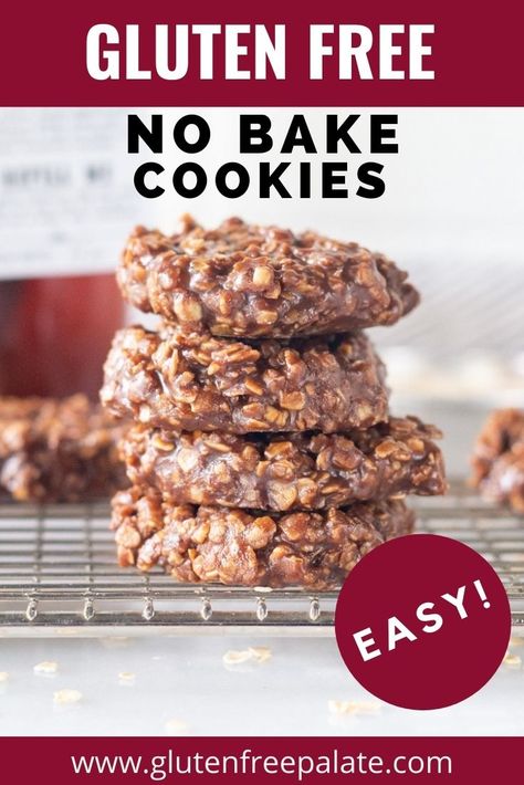 The best gluten free no bake cookies! Only a handful of ingredients and a couple of easy steps until these no bake cookies are ready. Substitutions included. Gluten Free Easy Cookie Recipes, Gluten Dairy Free No Bake Cookies, Gluten Free Oatmeal Desserts, Gluten Free No Bake Recipes, Gluten Free Desserts Easy No Bake, Gluten Free Easy Cookies, Easy Gf Dessert Gluten Free, Gf No Bake Cookies, Easy Christmas Cookies Gluten Free