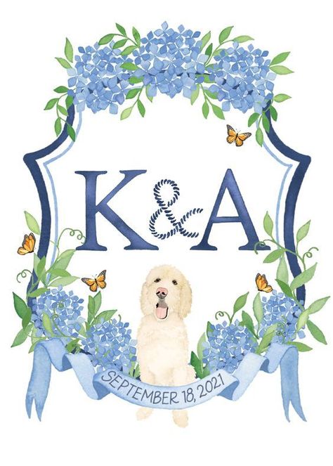 Wedding Crest With Dog, Holly Hollon, Wedding Crest Monogram, Watercolor Crest, Crest Monogram, Watercolor Monogram, Wedding Crest, Watercolor Lettering, Wedding Map