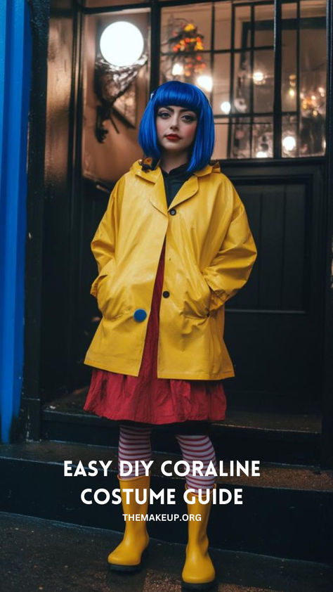 Easy DIY Coraline Costume Guide: Look Like Your Favorite Heroine! 🌧️🔑 Coraline Family Halloween Costume, Coraline Diy Costume, Coraline Costume Diy, Diy Coraline Costume, Blue Wig Costume, Coraline Cosplay, Adult Costumes Diy, Easy Diy Costume, Coraline Costume