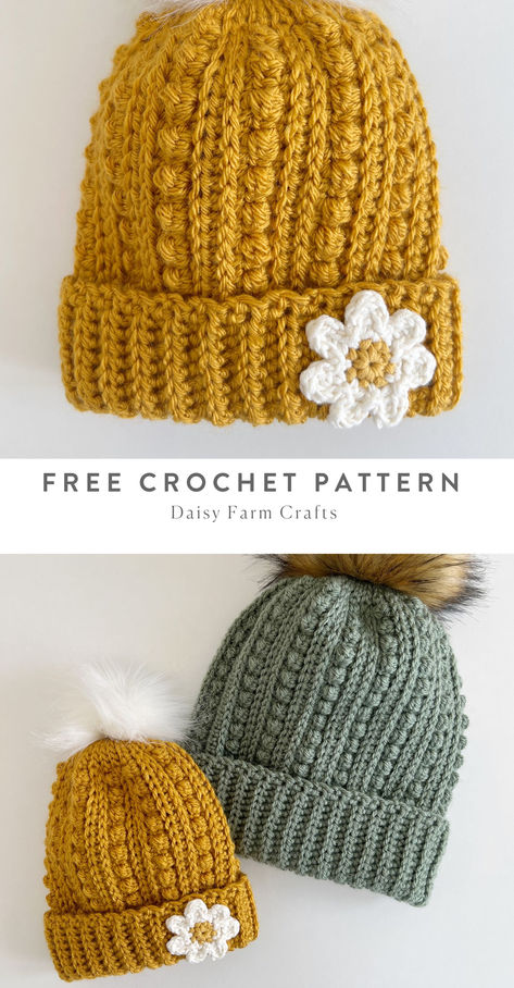 gold crochet hat with daisy flower on the brim Knitted Crochet Hat, Crochet Hat Oattern, Fall Beanie Crochet Pattern, Beanie Hat Pattern Crochet, Cool Crochet Beanie Pattern Free, Size 6 Yarn Crochet Hat Patterns Free, Size 5 Yarn Crochet Hat, Cool Crochet Hat Patterns, Crochet Caps Free Pattern