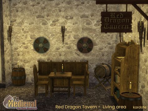 The Sims Resource - Ye Medieval Red Dragon Tavern - Living area Ts4 Medieval, Medieval Peasant, Bag Of Gold, Sims Medieval, Alpha Cc, Medieval Decor, Sims 4 Challenges, Sims 4 House Plans, Sims Building