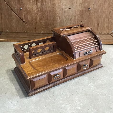 "Vintage Wood Desk Top Organizer Roll Back Compartment  Drawer With Metal Knobs measures 12.5\" wide x 6.2\" deep x 5.5\" high with handle Some wear due to age, still looks really nice. ---------------- Please visit my store for more fantastic items to buy! https://www.etsy.com/ca/shop/VTGItemsAddedDaily All photos are real. You buy exactly what you see in the photos. Shipping Packages are shipped within 48 hours and most times are shipped out within 24 hours! If you wish to see my listings as s Vintage Stores, Vintage Desk Accessories, Vintage Desk Organizer, Rustic Desk Drawers, Antique Desk Organizer, Antique Woodworking Tool Box, Vintage Store Ideas, Wood Desk Top, Roll Top Desk