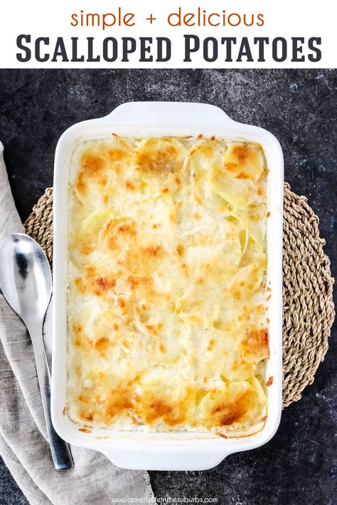 These Simple Scalloped Potatoes are creamy, rich and perfectly cheesy.  A classic and delicious recipe perfect for any dinner occasion. Scalloped Potatoes Recipes In Oven, Scalloped Potatoes Without Flour, Scalopped Potatoes Recipe, Oven Scalloped Potatoes, Scalloped Potatoes Without Cheese, Simple Scalloped Potatoes, Yummy Potatoes, Easy Scalloped Potatoes Recipe, Ham Recipes Baked