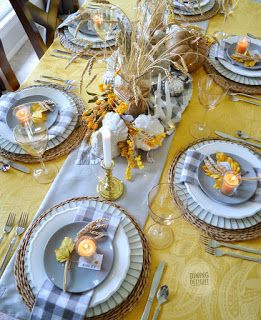 Copper Tablescape, Blue Stemware, Wheat Centerpieces, Square Glass Vase, Thanksgiving Tablescape, White String Lights, Fall Table Settings, Thanksgiving Table Settings, Fall Tablescapes