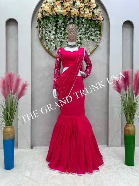 Draping Saree Style, Designer Indian Dresses, Saree Ready To Wear, Lehenga Style Saree, Indian Dresses For Women, Saree Style, Lehenga Style, Drape Saree, Embroidered Lehenga