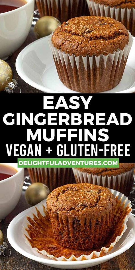 Festive, quick, and easy vegan gingerbread muffins filled with warm spices, They’re soft, fluffy, and delicious, plus, they’re also egg-free, gluten-free and dairy-free! Add chocolate chips or make them plain, it’s up to you. Cozy up and serve them with your favourite warm holiday drink. Gingerbread Muffins Healthy, Vegan Gluten Free Muffins, Egg Free Muffins, Gluten Free Christmas Recipes, Gingerbread Dessert, Gingerbread Muffins, Gf Food, Gluten Free Gingerbread, Vegan Gingerbread