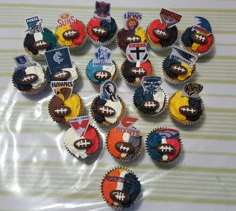 AFL Football cupcakes Afl Birthday Party Ideas, Afl Cupcakes, Afl Party, Afl Football, Football Birthday Cake, Football Cupcakes, Carlton Blues, Christian Birthday, Game Snacks