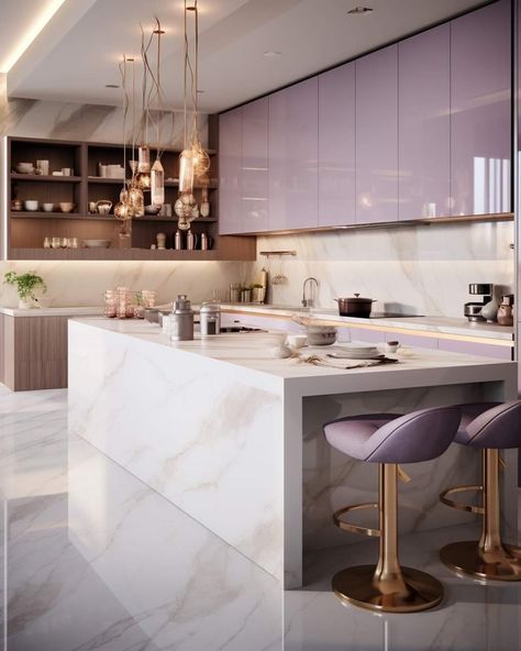 Lilac Kitchen Ideas, White And Purple Kitchen, Lottery Manifestation, Modern Mansion Kitchen, Lilac Kitchen, Marble Interior Design, Mansion Kitchen, Purple Kitchen, Interior Design Your Home