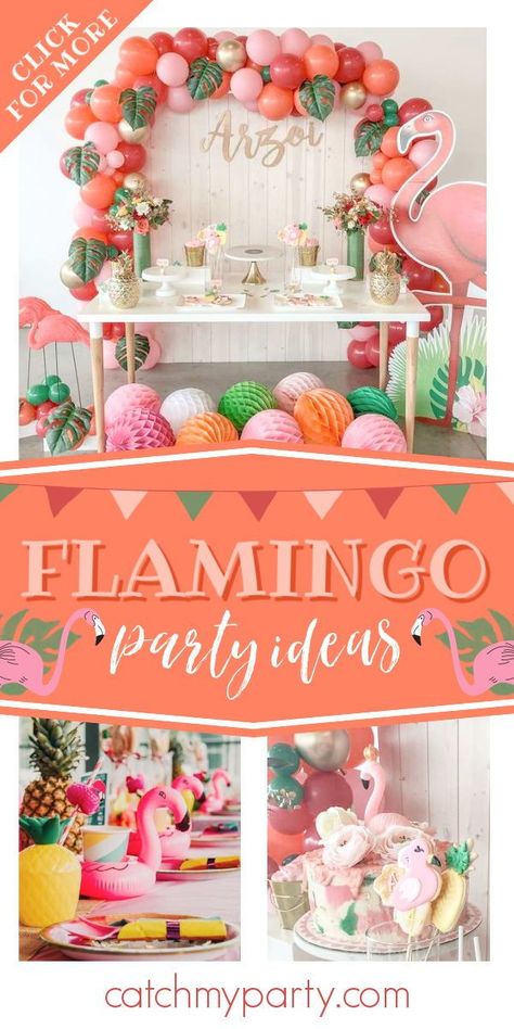 Swoon over this fabulous tropical flamingo 1st birthday party! The cake is gorgeous! See more party ideas and share yours at CatchMyParty.com Flamingo 1st Birthday Party Girl, Flamingo 1st Birthday Party, Flamingo First Birthday Party, Flamingo Party Ideas, Pink Flamingo Birthday, Birthday Flamingo, Birthday Deco, Pink Flamingo Party, Flamingo Themed Party