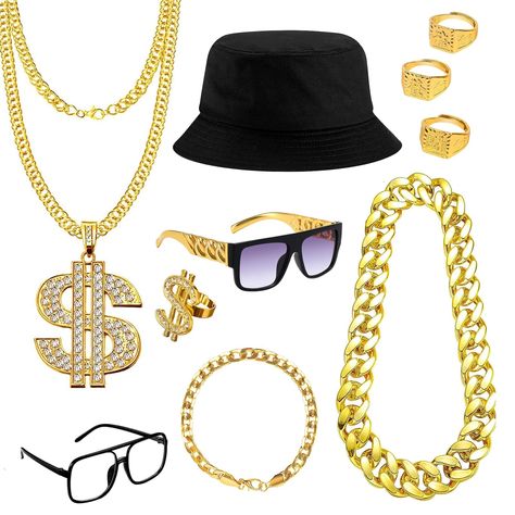 PRICES MAY VARY. 80s/90s Party Supplies: The rapper costume kit includes 1x dollar pendant faux gold chain, 1x plastic fake gold chain, 2 x sunglasses, 1 x dollar sign finger ring, 3 x Kanji rings, 1x gold bracelet, 1x black bucket cap. This funny rapper costume set for your 80s/ 90s dress up, so that you can stand out in the crowd and release the brilliance. Dollar Necklace Chain & Rings: The fake gold dollar chain and finger ring are made of alloy plated in gold color and shiny artificial diam Rapper Halloween Costume, 90s Hip Hop Costume, Dollar Chain, 90s Dress Up, Rapper Costume, Twenties Party, Gold Dollar, 90s Rappers, Hip Hop Costumes