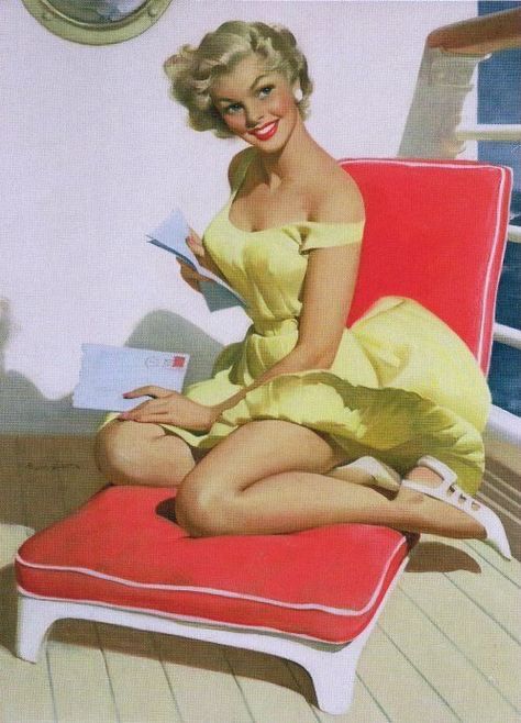 Sundblom, Haddon (b,1899)- Woman w Letter, Sitting on SS Chair -2a Vintage Pinup Photoshoot, Haddon Sundblom, Pin Up Pictures, Pin Up Illustration, Glamour Art, Nostalgic Images, Pin Up Posters, Pinup Art, Vintage Pin Up