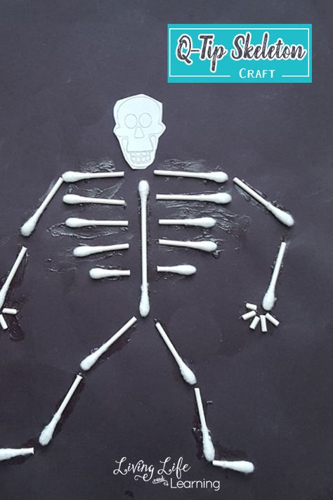 Learn about the human body's skeletal system and make it come alive with this cotton swab skeleton craft for kids, a fun way to learn about bones. #humanbody #skeleton #bones #science #homeschoolscience #LivingLifeandLearning Skeleton School Project, Skeleton For Kids, Skeletal System Activities, Diy Skeleton, Skeleton Craft, Human Body Activities, Human Body Unit, Skeletal System, Muscular System