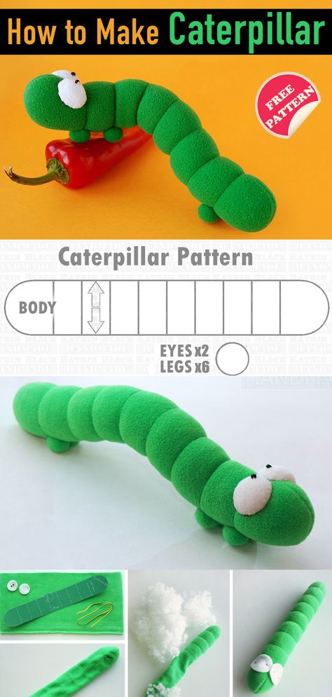 How to Make Caterpillar. Free Pattern & Tutorial Felt Caterpillar Pattern, Caterpillar Sewing Pattern, Archi Student, Memory Bears Pattern, Fabric Basket Tutorial, Towel Animals, Green Sheets, Memory Bears, Flowers Tote