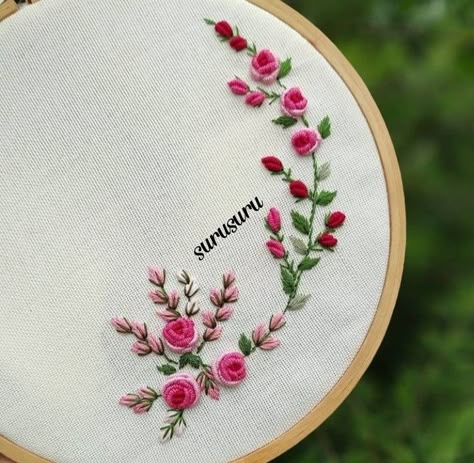 Embroidery Flower Border, Pink Flower Embroidery, Hoops Embroidery, Embroidery Quotes, Quotes Embroidery, Embroidery Abstract, Embroidery Geometric, Lettering Embroidery, Embroidery Rose