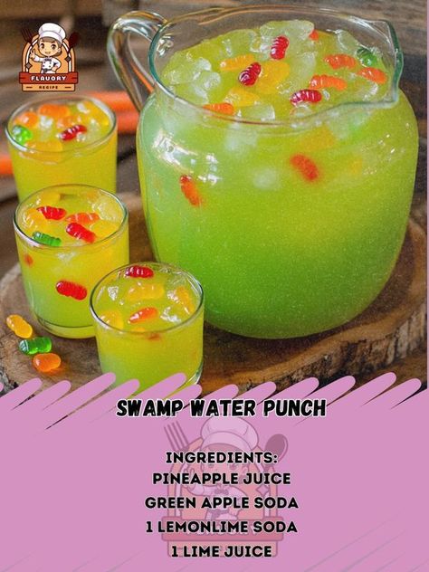 Swamp Water Punch, Apple Soda, Bigfoot Party, Swamp Water, Camping Theme Party, Diy Drinks, Lemon Lime Soda, Gummy Worms, Lime Soda