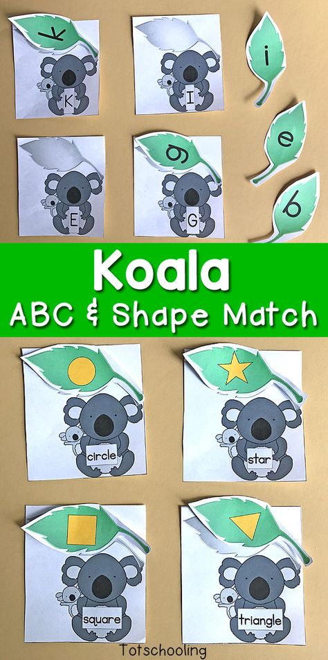 FREE Koala bear themed Alphabet and shape matching for preschool and kindergarten. Kids will love to match uppercase and lowercase letters as well as shape words to shapes. Perfect for an animal theme or Australia unit. Jungle Math Activities Preschool, Animals Around The World Preschool, Zoo Literacy Activities Preschool, Koala Activities For Preschool, Australia Activities Preschool, Australia Activities For Kids, Koala Activities, Australia Activities, Preschool Zoo Theme