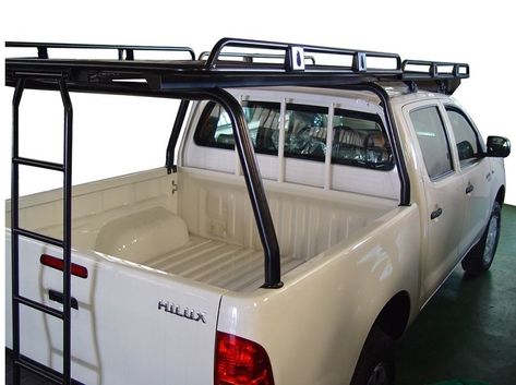 AFN - ROOF RACK FOR HILUX VIGO WITH LADDER - www.ramingo4x4.it Truck Rack Ideas, Ladder Rack Truck, Toyota Hilux 4x4, Camping 4x4, Truck Roof Rack, Hilux 4x4, Bed Rack, Toyota Truck, Custom Truck Beds