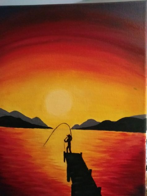 Sunset lake fishing silhouette acrylic painting Lake Silhouette Painting, June Painting Ideas, Fly Fishing Painting, Silhouette Acrylic Painting, Fence Painting Ideas, Fisherman Silhouette, Fishing Silhouette, Waterfall Drawing, Fishing Painting