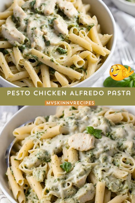 ✨ Elevate your pasta game with our mouthwatering Pesto Chicken Alfredo Pasta! Creamy alfredo sauce meets zesty pesto and tender chicken in this irresistible dish. 🍝😋 Perfect for cozy nights in or dinner parties with friends! #pasta #recipe #alfredo #pesto #chicken #delicious #myskinnyrecipes Pesto Alfredo Chicken Pasta Crockpot, Pesto Chicken Pasta Crockpot, Pesto Alfredo, Healthy Alfredo Sauce, Alfredo Sauce Easy, Creamy Pesto Chicken Pasta, Spicy Peanut Noodles, Broccoli Pasta Bake, Pasta Creamy