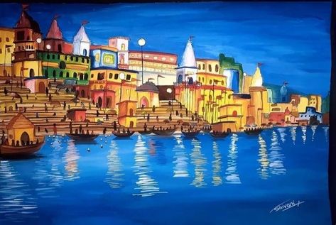 Ganga Ghat Painting, Ganga Painting, Ghat Painting, Ganga Ghat, Ganesh Puja, Shiva Painting, Colour Painting, Painting Canvases, Lord Shiva Painting