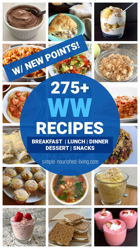 food collage: 15 photos of WW friendly oatmeal, cupcakes, jello fluff, overnight oats, graham cracker cool whip frozen treats, lasagna, enchiladas, protein pancakes, soup, crockpot southwest chicken, cauliflower taco skillet and hamburger goulash with graphic and Text: 27+ WW Recipes: Breakfast, Lunch, Dinner, Dessert & Snacks. Simple Nourished Living Easy Weight Watcher Snacks, Ww Meal Recipes, Weight Waters Breakfast, Weight Watcher Snacks 2023, Weight Watcher Charcuterie Board, Best Weight Watchers Snacks, Ww Recipes With Points 2023 Breakfast, Emily Bites Weight Watchers, 2024 Weight Watchers Recipes