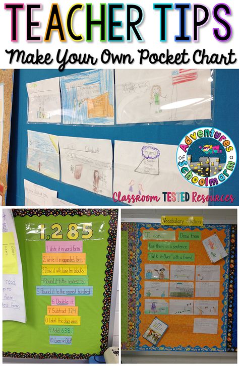 DIY Pocket Charts - great for quickly changing items on a bulletin board. Pocket Charts In The Classroom, Diy Pocket Chart, Vocabulary Stations, Organized Teacher, Classroom Organization Elementary, Diy Pocket, Classroom Hacks, Focus Wall, Upper Elementary Resources