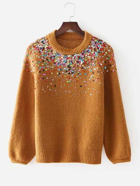 Shop Sequin Embellished Raglan Sleeve Sweater online. SheIn offers Sequin Embellished Raglan Sleeve Sweater & more to fit your fashionable needs. Boyfriend Day, Pola Manik, Raglan Sleeve Sweater, Short Sweater, Embroidery Sweater, Embellished Sweaters, Beaded Sweater, With Boyfriend, Winter Pullover