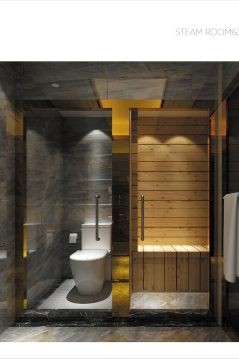 The steam room is separated into two independent rooms, one is toilet room, and the other is sauna room. One is decorated with the fabulous black textured marble, and the other is decorated with the wood flooring wall. Small Sauna In Bathroom, Small Sauna Ideas, Sauna Bathroom Ideas, Home Steam Room, Sauna Bathroom, Small Home Gym Ideas, Decorate Ideas, Small Home Gym, Bathroom Interior Design Modern