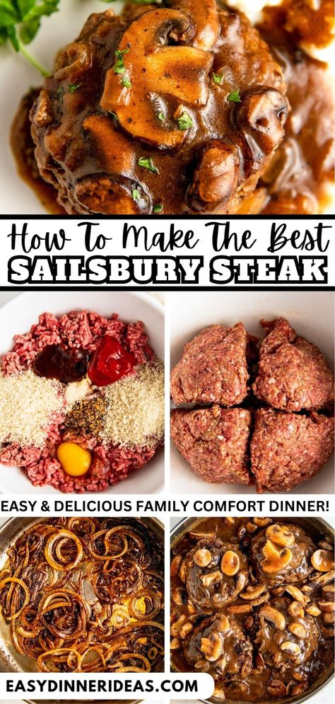 Salisbury Steak is an easy comfort food dinner that is affordable and simple to make! Juicy, well seasoned ground beef steaks are smothered in a rich, savory brown gravy with mushrooms and onions to create this classic American dinner recipe! Salisbury Steak With Ground Beef, Ground Beef Recipes Salisbury Steak, Ground Beef Salisbury Steak, Salberry Steak Recipes, Ground Beef With Mushrooms, Hamburger And Gravy Recipe Easy, Saulsberry Steak Recipes Ground Beef, Easy Salisbury Steak Ground Beef, Hamburger Salisbury Steak