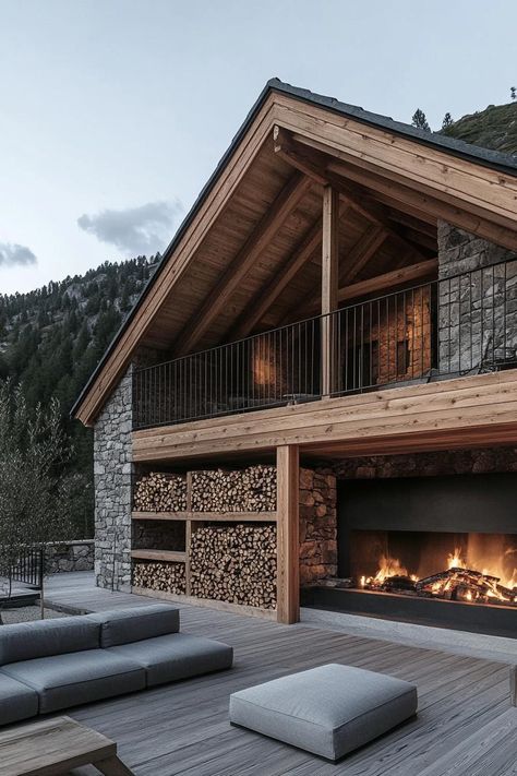 Modern log house in the mountains with a stone fireplace and firewood storage. Check out and drool over all of these enchanting mountain homes with stone fireplaces–the ultimate cozy and rustic retreats. Mountain Chalet Interior, Modern Lodge Decor, Mountain Cabin Exterior, Modern Log Cabin Interior, Mountain Homes Interiors, Cozy Mountain Home, Modern Log House, Boulder House, House In The Mountains