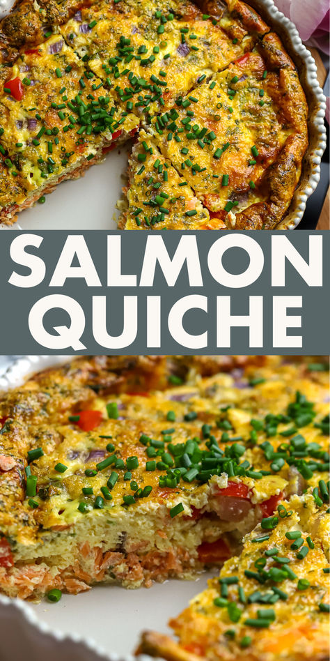 Our Salmon Quiche is a crustless quiche and perfect for a weekend brunch. It contains low carbs and is an excellent source of protein, as well as healthy fats and vegetables such as red onions, sweet red bell peppers, and cilantro.  Moreover, it has three different kinds of cheese, including parmesan, romano, and asiago, which adds to its scrumptiousness. Get the salmon quiche recipe on the blog. Salmon Quiche Recipes, Smoked Salmon Quiche, Quiche Recipes Crustless, Salmon Quiche, Salmon And Broccoli, Red Bell Peppers, Kinds Of Cheese, Quiche Recipe, Crustless Quiche