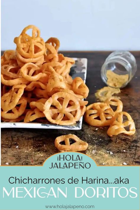 Vegan chicharrones de harina are lightly-fried pinwheel Mexican chips coated in homemade “Doritos” seasoning made with nutritional yeast. They’re dairy-free and so delicious. I think you’ll love these Mexican Doritos better than the store-bought version any day. #holajalapeno #chicharrones #homemadechips #mexicansnacks #vegan Mexican Chips, Healthy Latin Recipes, Healthy Mexican Recipes, Mexican Snacks, Bite Size Appetizers, Pinwheel Recipes, Party Appetizers Easy, Vegan Mexican, Mexican Food Recipes Easy