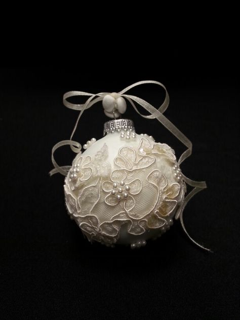 Keepsake ornament made from vintage bridal gown. Great way to pass the heirloom on to multiple family members.  By My Beloved ~ Redemptive Bridal Couture Christmas Ornament From Wedding Dress, Ornaments Made From Wedding Dress, Crafts Made From Old Wedding Dress, Wedding Dress Christmas Ornaments, Repurposed Vintage Wedding Dress, Keepsakes From Wedding Dress, Ways To Repurpose A Wedding Dress, Wedding Dress Memory Ideas, Wedding Dress Ornament