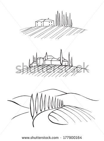 Italy Sketches, Italy Tattoo, Italy Illustration, Italian Tattoos, Tuscany Landscape, Flower Line Drawings, Landscape Tattoo, Wine Art, Landscape Drawings