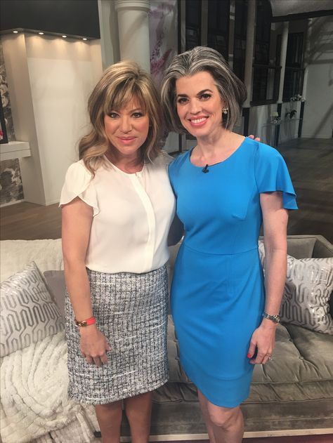 On set with Amy Morrison at HSN for Beauty Report. Grey Hair Journey, Low Impact Cardio Workout, Going Gray, Aging Gracefully, Hair Stuff, Hair Journey, Clothes Ideas, Grow Out, Gray Hair