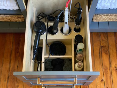 Hair Stylist Drawer Organization, Hair Dryer Drawer, Hair Tool Drawer, Bathroom Drawer Organizer, Hair Tool Storage, Tool Drawer Organizer, Bathroom Vanity Drawers, Bathroom Drawer Organization, Tool Drawers