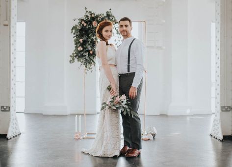 Industrial, Crystal Chic Styled Bridal Shoot: Cool Copper & Romantic Rose Quartz! Wedding Arch Greenery, Styled Wedding Shoot, Copper Wedding, Wedding Stylist, Geometric Wedding, Romantic Decor, Bridal Shoot, Romantic Roses, Wedding Deco