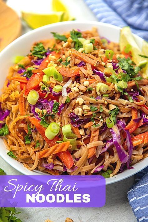 I will never order Thai Noodles again after making this recipe! Made in just 15 minutes, these spicy Thai noodles with peanut sauce are made with everyday ingredients and better than take-out! This recipe is vegetarian, vegan friendly, and easily made gluten free! Thai Vegetables, Thai Vegan, Spicy Thai Noodles, Vegan Feast, Crockpot Chicken Breast, Pasta Meals, Mom Recipes, Real Foods, Thai Noodles