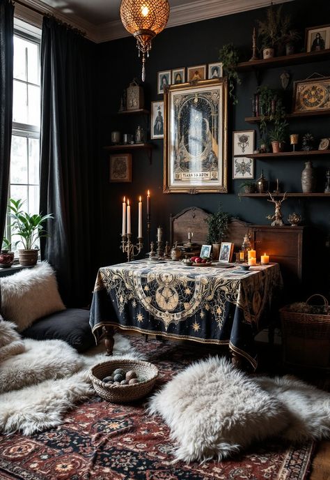 Boho Witchy Bedroom Witchy Maximalist Bedroom, Witchy Meditation Room, Tarot Room Decor, Tarot Space, Boho Witchy Bedroom, Tarot Room, Tarot Reading Room, Witchy Bedroom Decor, Tarot Decor