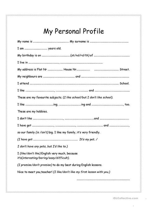 My Personal Profile - English ESL Worksheets for distance learning and physical classrooms Persona Profile, Teaching Spelling Rules, Martin Luther King Worksheets, Kindergarten Graduation Ideas, Writing Sentences Worksheets, Describing People, Career Lessons, Persuasive Text, Application Writing