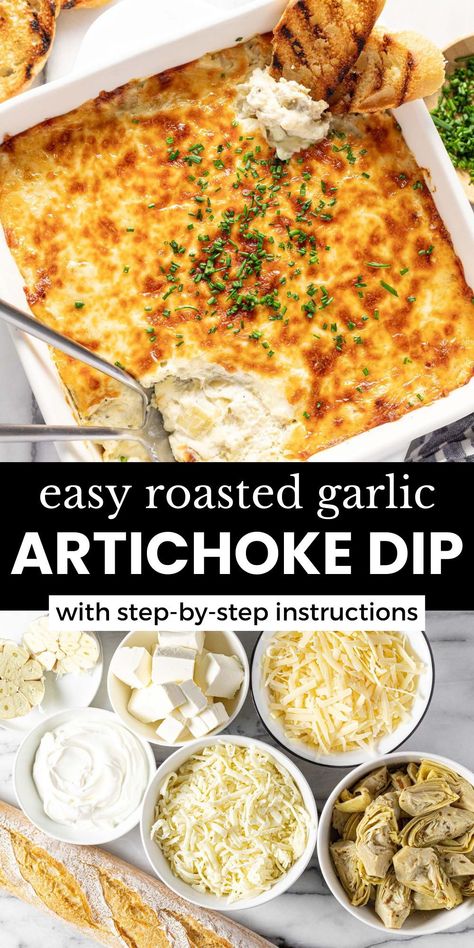 This baked artichoke dip recipe is the perfect easy appetizer for your next party. Creamy, rich, and luxurious - the cheesy artichoke and roasted garlic dip is topped with golden brown melted mozzarella and served with crispy crostini! Ladies Night Food Ideas, Ladies Night Food, Crispy Crostini, Artichoke Dip Recipe Easy, Baked Goat Cheese Dip, Wisconsin Beer Cheese Soup, Roasted Garlic Dip, Homemade Spinach Dip, Baked Artichoke Dip