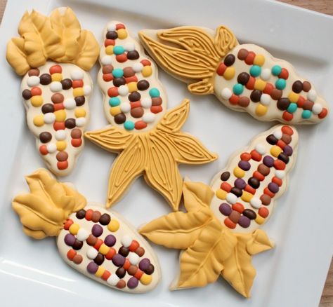 Indian Corn Cookies Corn Cookies Decorated, Cut Out Cookie, Corn Cookies, Fall Decorated Cookies, Mini Pumpkin Pies, Indian Corn, Thanksgiving Cookies, Thanksgiving Pies, Fall Cookies