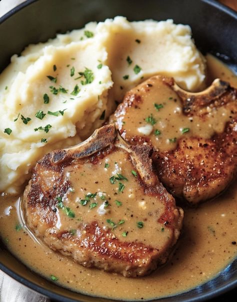 Southern Smothered Pork Chops Recipe Pioneer Woman Smothered Pork Chops, Pork Chops With Bacon Gravy, Bone In Stuffed Pork Chops, Southern Style Smothered Pork Chops, Yogurt Marinated Pork Chops, Braised Pork Chops Oven, Smoothed Pork Chops, Smothered Bone In Pork Chops, Bone In Pork Chop Dinner Ideas