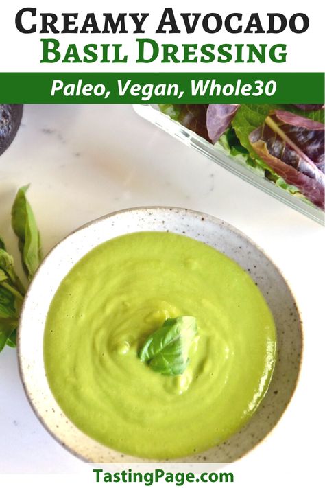 Avocado Salad Dressing Vegan, Aip Pesto, Avocado Basil Pesto Recipe, Avocado Basil Dressing, Vegan Avocado Ranch Dressing, Vegan Dressing Recipes, Paleo Sauces, Vegan Salad Dressing, Healthy Paleo Recipes