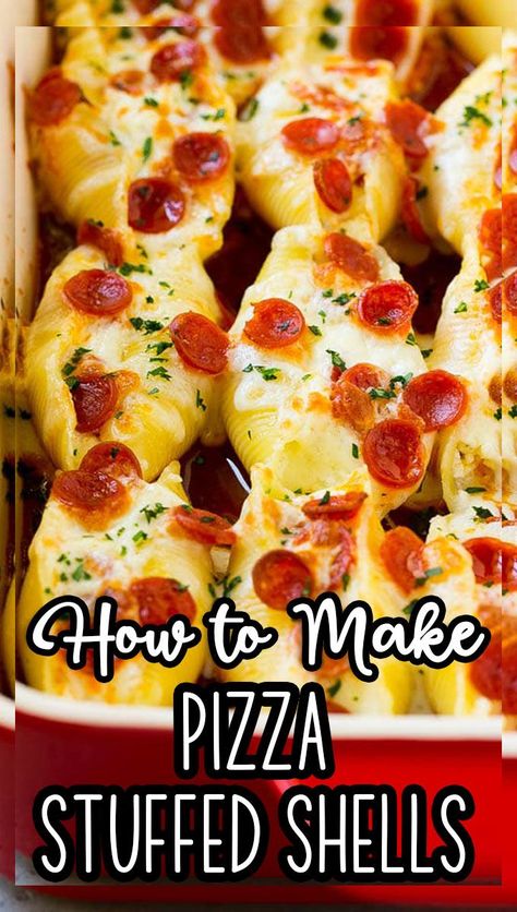 These pizza stuffed shells are pasta shells filled with three kinds of cheese and pepperoni, then baked to perfection in tomato sauce. Easy Jumbo Shells Recipe, Pizza Stuffed Shells, Recipes With Jumbo Shells, Stuffed Shell Appetizer, Recipes For Stuffed Shells, Stuffed Shells Ideas, Big Pasta Shells Recipes, Large Shells Stuffed, Fried Stuffed Shells