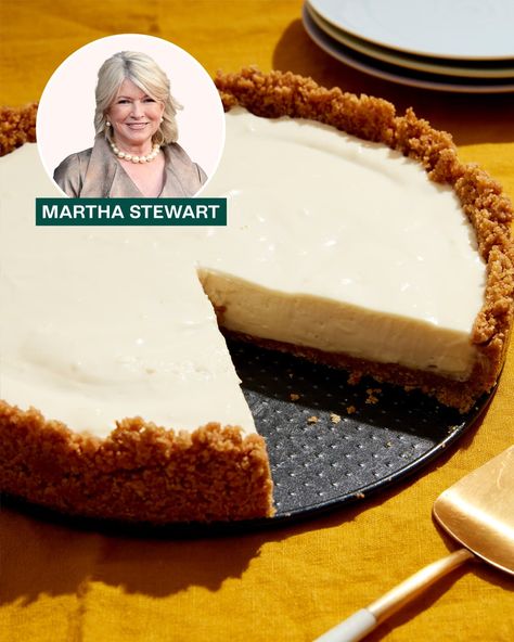 Cheesecake on plate with fork and water labeled 'Martha Stewart'. Cheesecake In A Pie Plate, Martha Stewart Cheesecake, Cheesecake Recipe No Bake, 4 Ingredient Cookies, Cookie Cheesecake, Pot Cookies, Banana Pudding Cheesecake, Baked Cheesecake Recipe, Classic Cheesecake