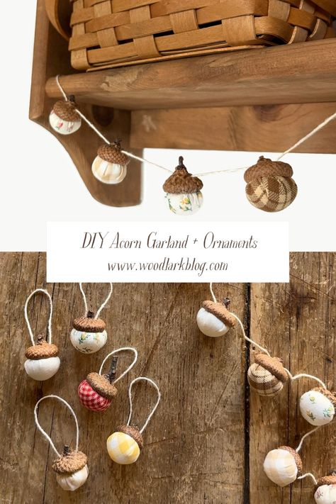 DIY Scrap Fabric Acorn Garland and Ornaments - Woodlark Blog Crafts With Acorn Tops, Acorn Crafts Christmas, Fabric Acorns Pattern, Fall Garlands Ideas, Fabric Acorns Diy, Acorn Craft Ideas, Acorn Ornaments Diy, Diy Acorn Crafts, Acorn Cap Crafts