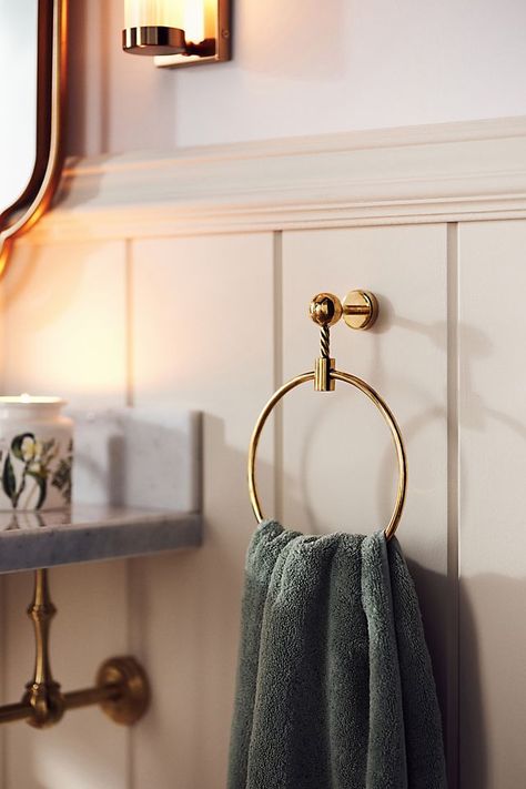 Anthropologie Bathroom, Hand Towels Bathroom, Brass Bathroom, Powder Bath, Half Bathroom, Budget Bathroom, Towel Ring, Towel Rings, Bathroom Hardware