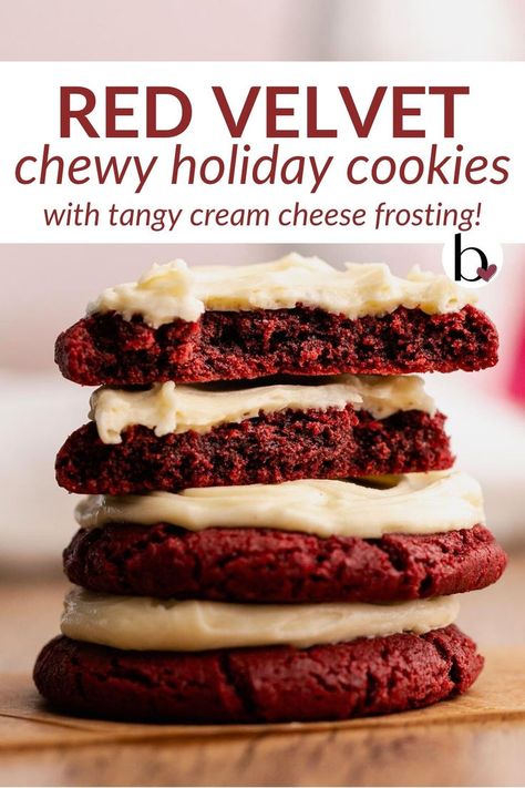 A stack of vibrant red velvet cookies topped with cream cheese frosting. Red Velvet Sugar Cookie, Cream Cheese Cookies Recipes, Cream Cheese Cookie Recipe, Cookies With Cream Cheese Frosting, Cookies With Cream Cheese, Velvet Cookies, Classic Cookies Recipes, Holiday Cookies Christmas, Cookie Recipes Homemade