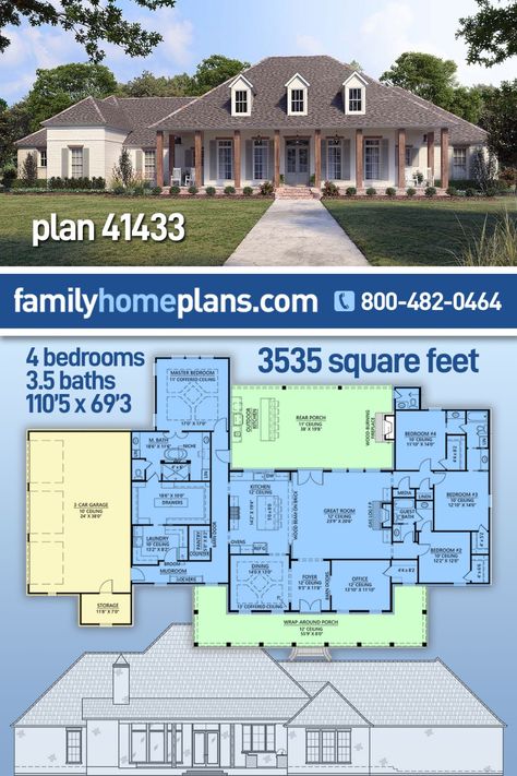 Acadian Homes, Acadian House Plans, Southern Style House Plans, Plans Architecture, 3d Floor, 3 Car Garage, Family House Plans, House Plans Farmhouse, Modern Farmhouse Plans